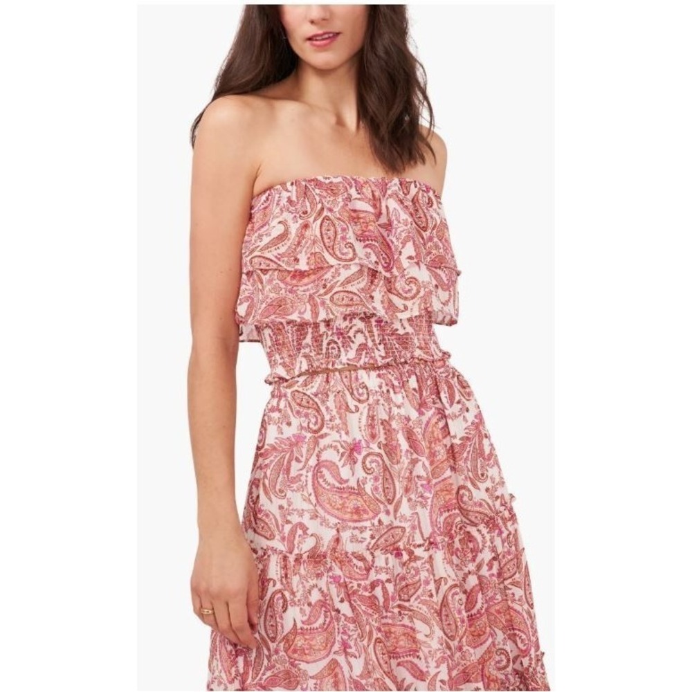 1.State Women's Strapless Paisley Floral Smocked Ruffle Top Pink Multi Small